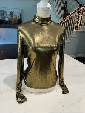 Monki Metallic Gold Mock Neck Long-Sleeve Top Women’s Small